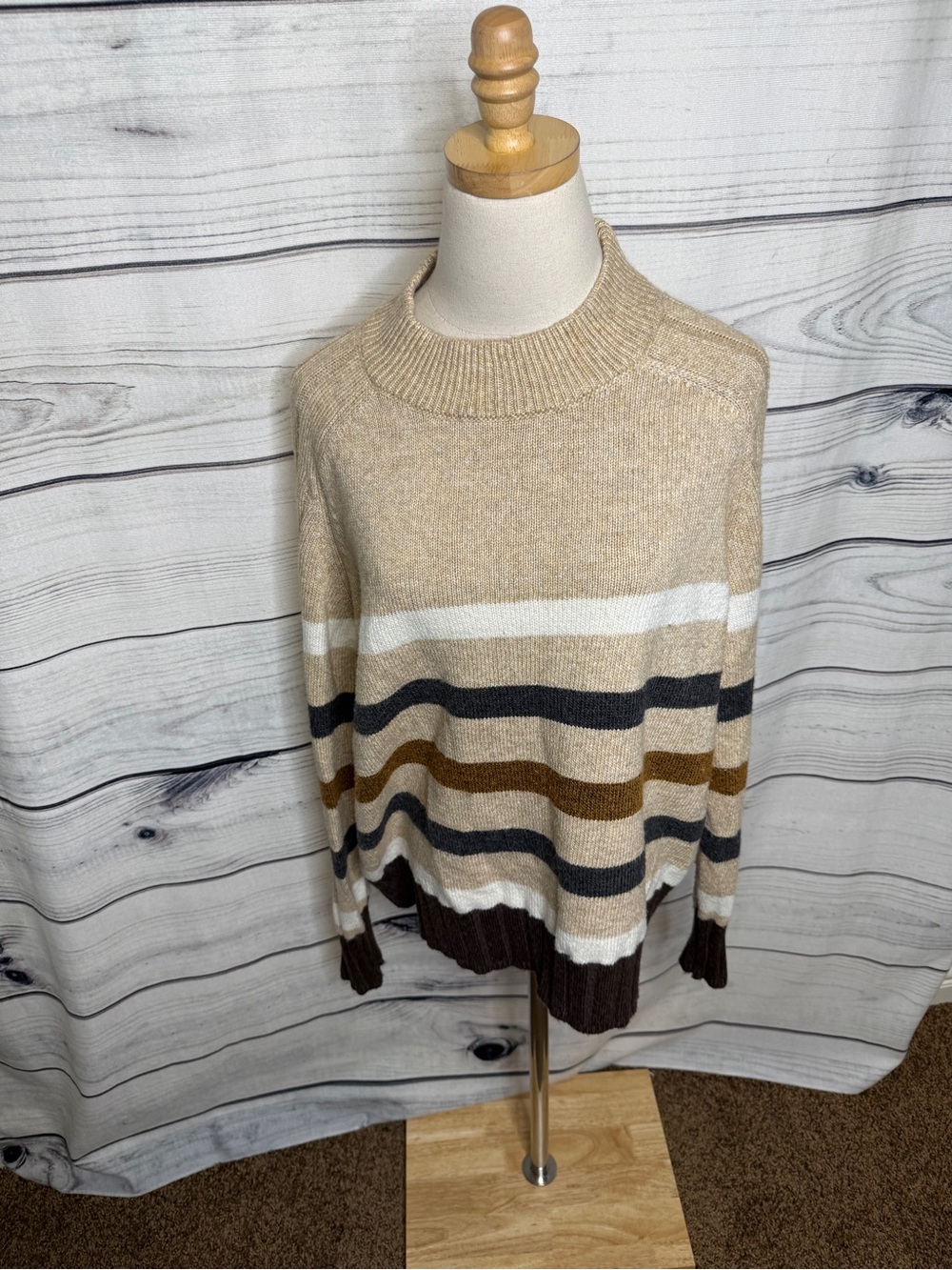 St. John's Bay Beige Crewneck Sweater with Brown, White & Gray Stripes